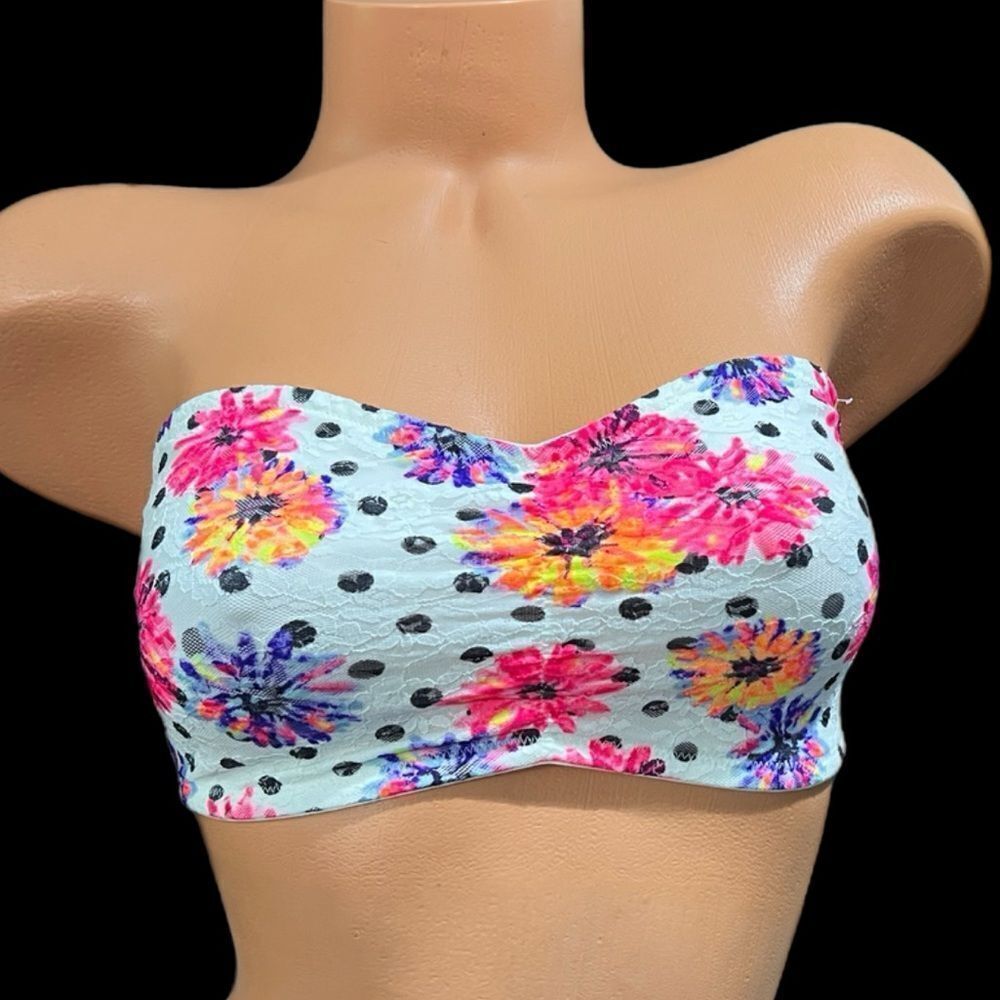Victorias Secret Pink Strapless Ruched Lace Bandeau Bralette bra white floral L